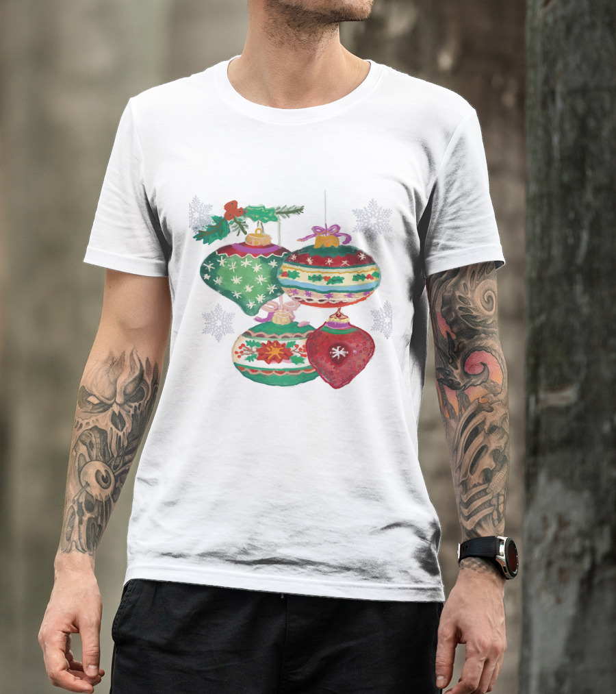 Watercolor Christmas Balls Snowflake Ornaments With Holly And Ribbon Accents T-Shirt