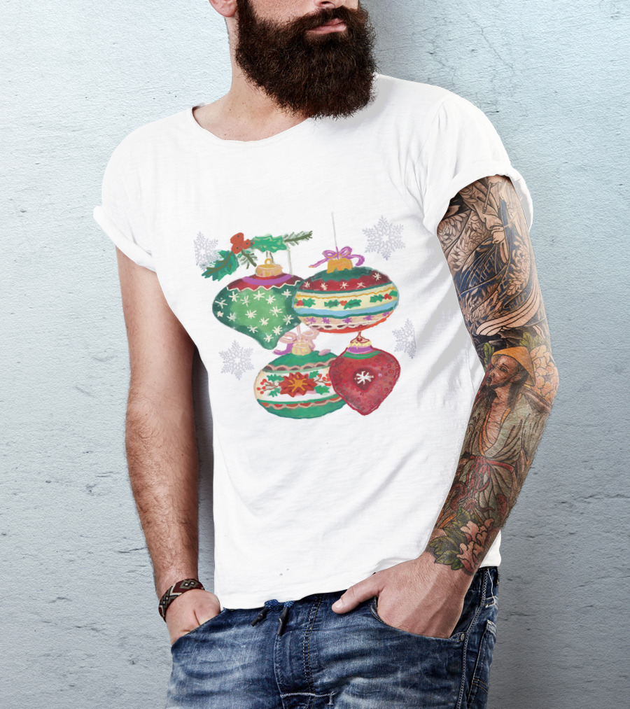 Watercolor Christmas Balls Snowflake Ornaments With Holly And Ribbon Accents T-Shirt
