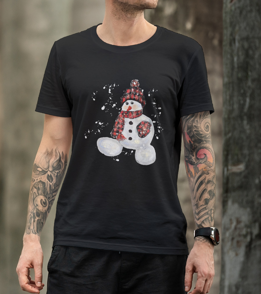 Watercolor Snowman Buffalo Plaid Hat And Scarf With Snowflakes T-Shirt