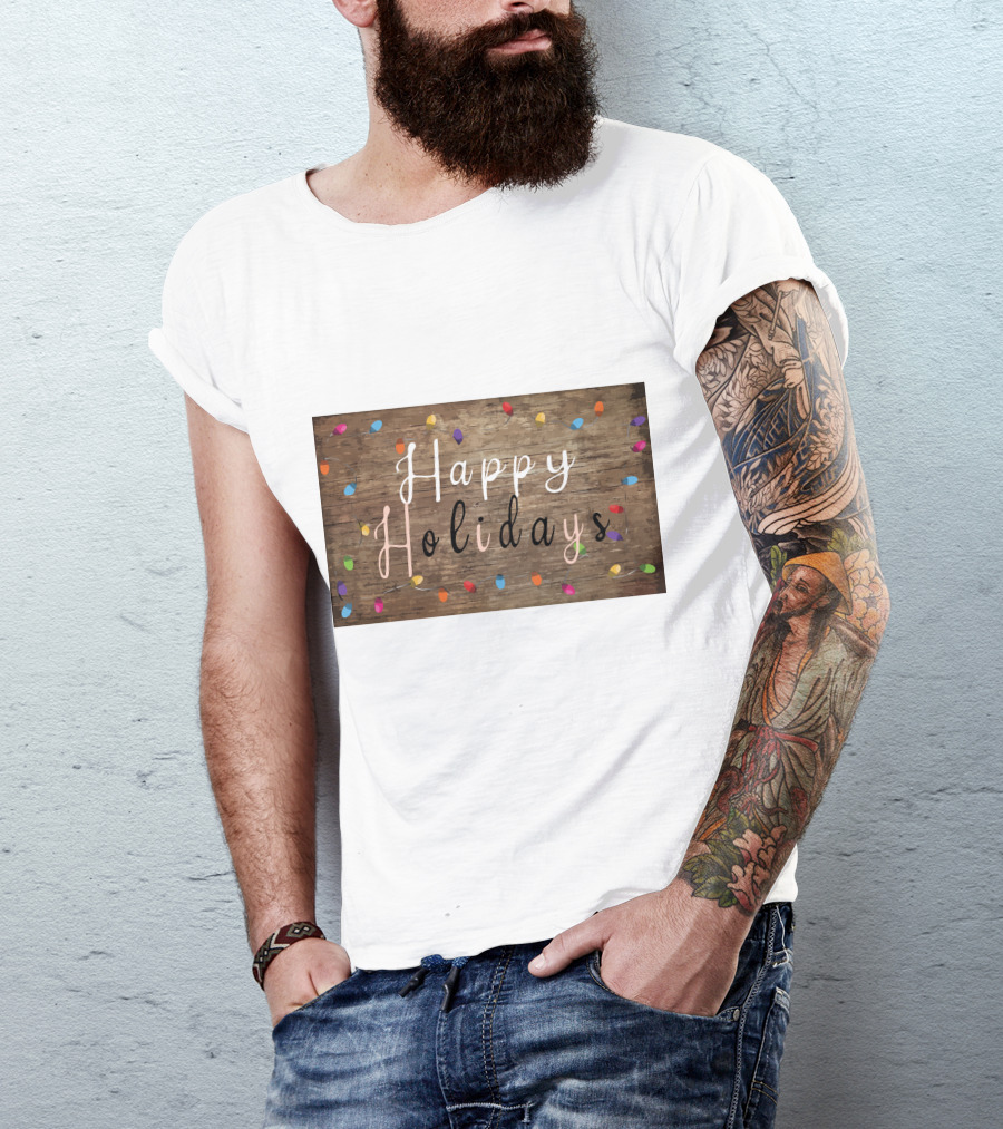 Happy Holidays Christmas Light Rustic Wood Background With Colorful Bulbs T-Shirt