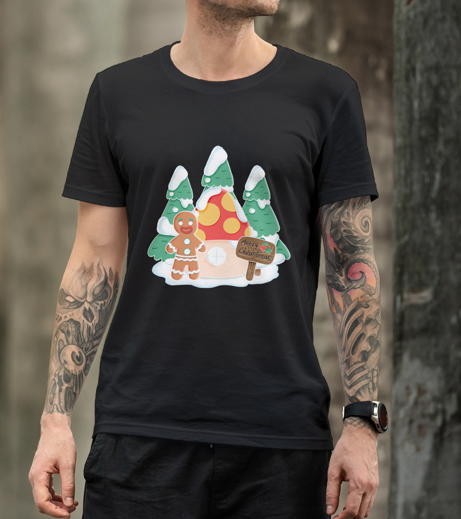 Merry Christmas Gingerman House With Snowy Trees And Mushroom Roof T-Shirt