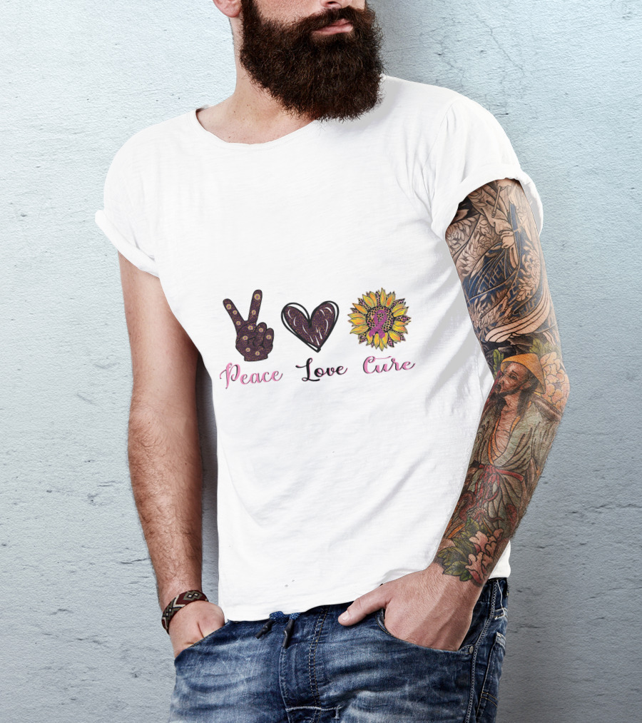 Peace Love Cure Breast Cancer Sunflower Heart And Peace Sign T-Shirt