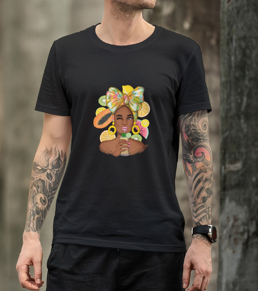 Fruit Design Afro Woman With Colorful Headwrap And Tropical Fruits T-Shirt