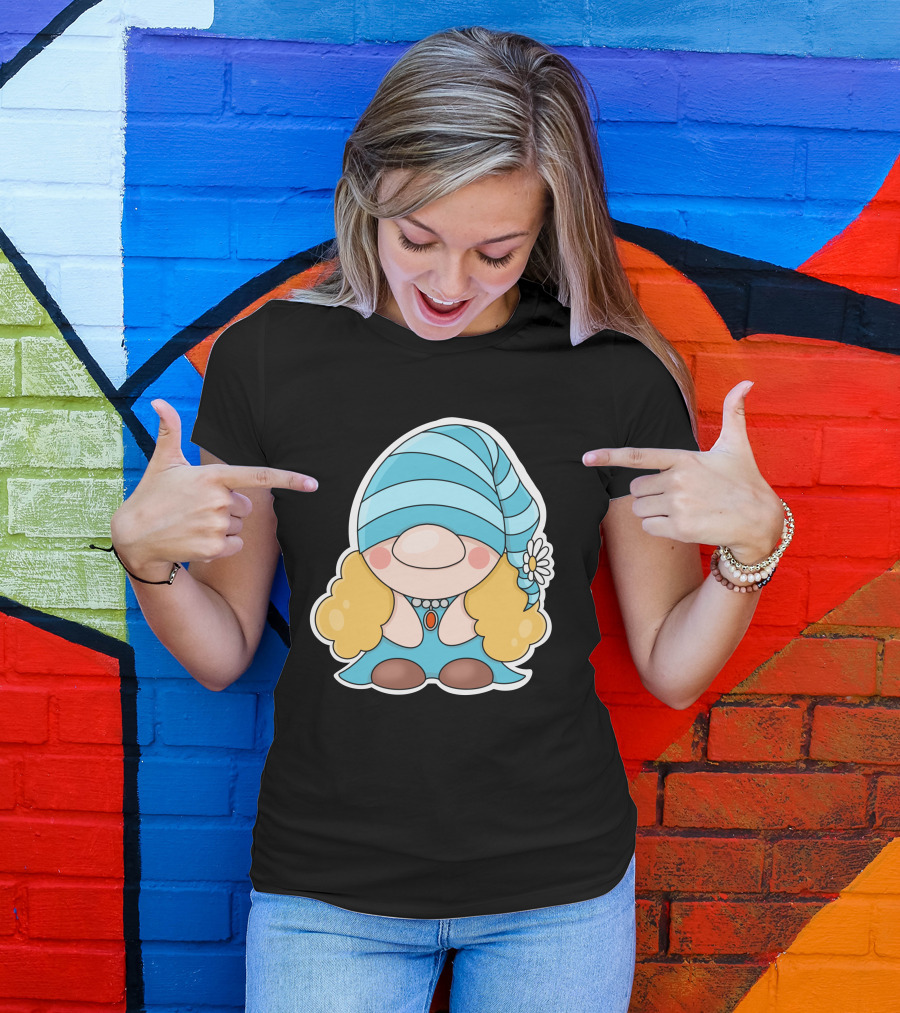 Gnome Sticker Blue Hat Daisy Blonde Hair Cute Comic T-Shirt