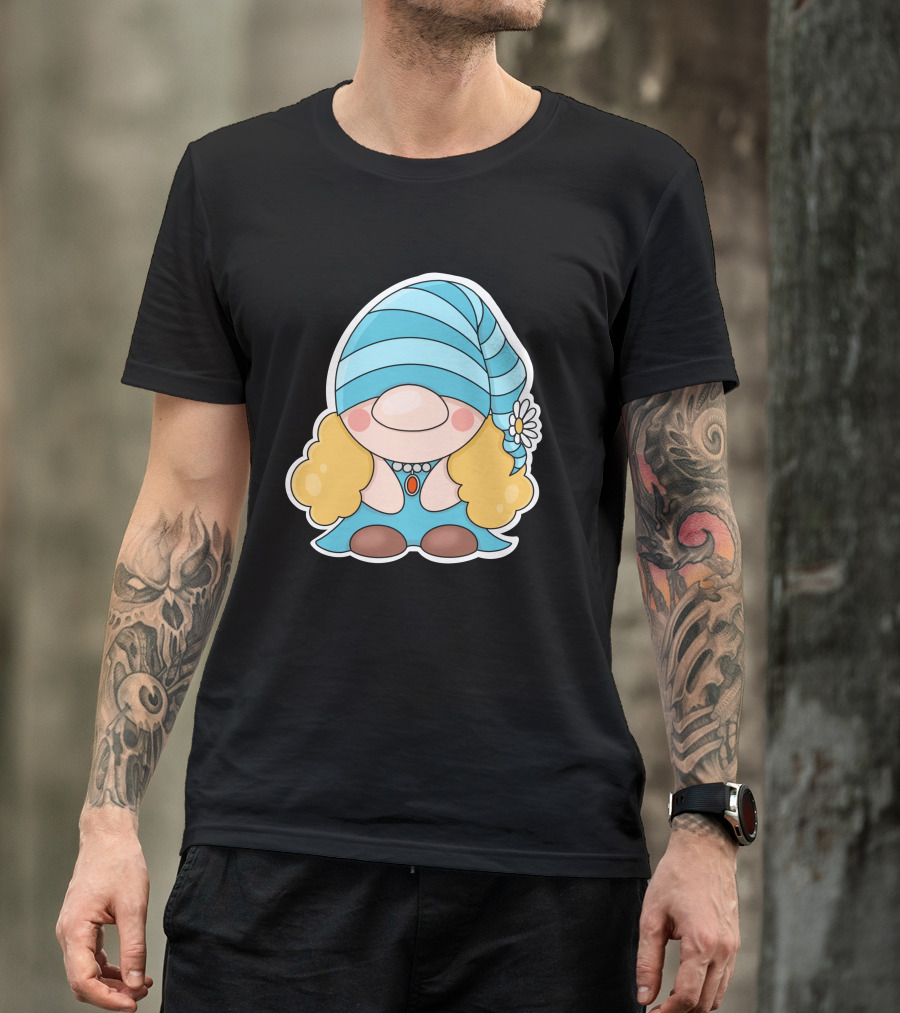 Gnome Sticker Blue Hat Daisy Blonde Hair Cute Comic T-Shirt