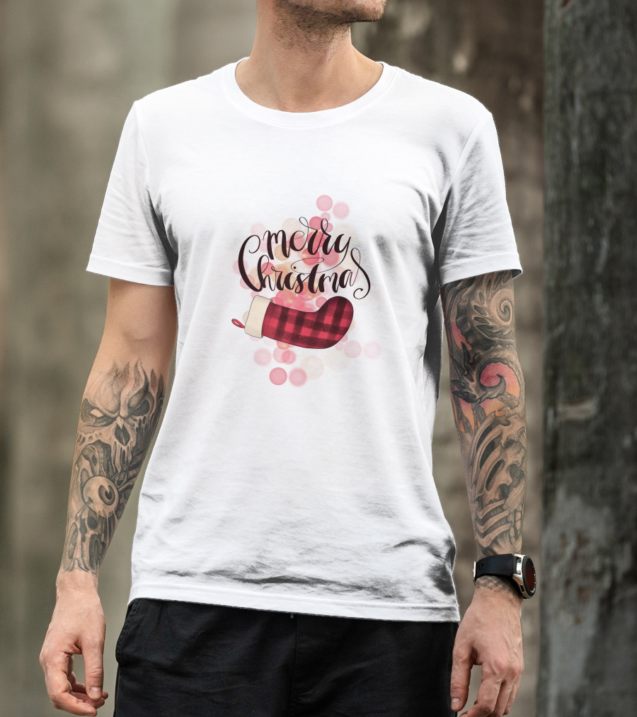 Merry Christmas Plaid Sock Pink Bubbles T-Shirt