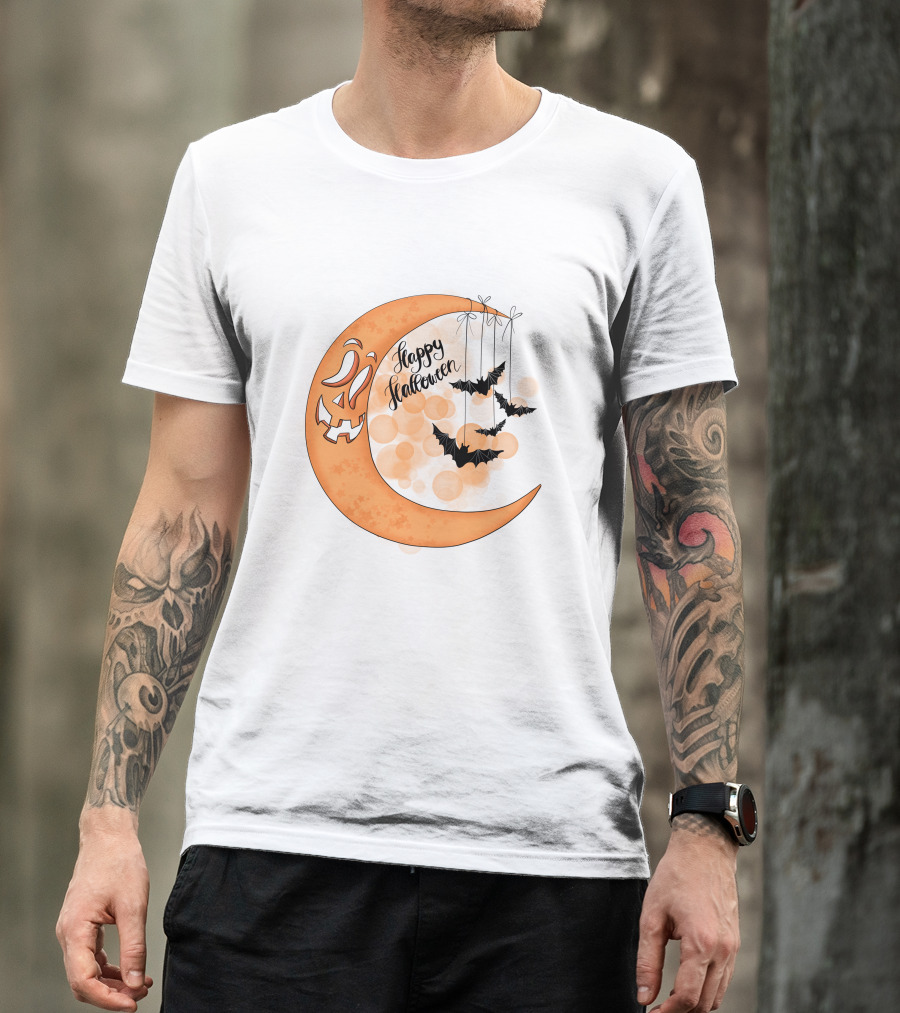 Happy Halloween Moon With Bats And Jack-O'-Lantern Face T-Shirt