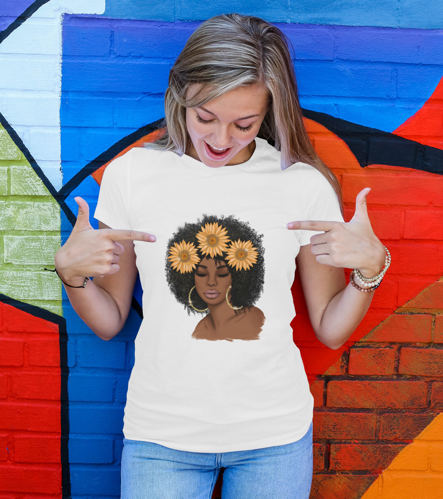Afro Woman With Sunflowers And Hoop Earrings T-Shirt