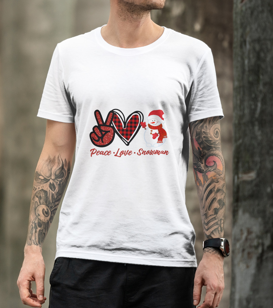 Peace Love Snowman Plaid Heart Glitter Peace Sign T-Shirt