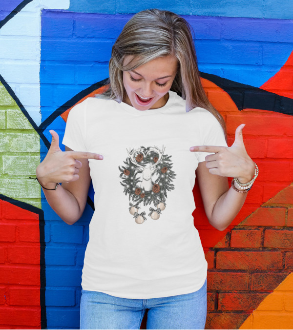 Christmas Wreath With Deer And Pine Cones T-Shirt