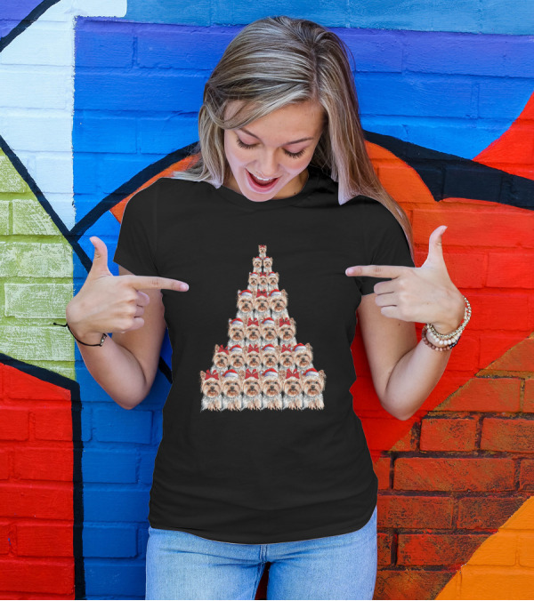 Christmas Yorkshire Terrier Santa Hat Tree T-Shirt