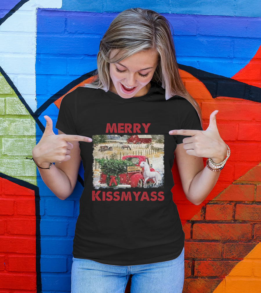 Merry Kissmyass Vintage Truck Christmas Scene With Horse In Snowy Farm Landscape T-Shirt