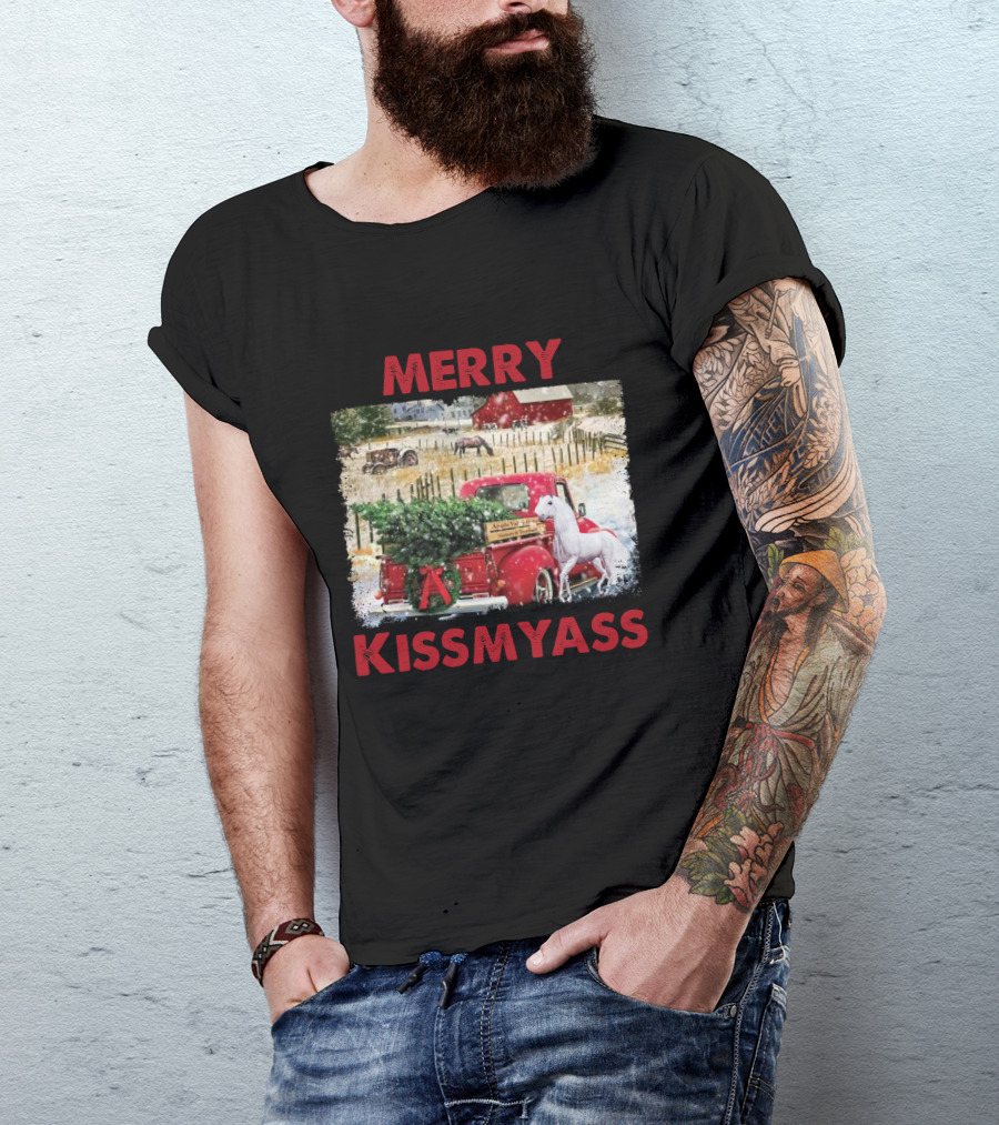 Merry Kissmyass Vintage Truck Christmas Scene With Horse In Snowy Farm Landscape T-Shirt