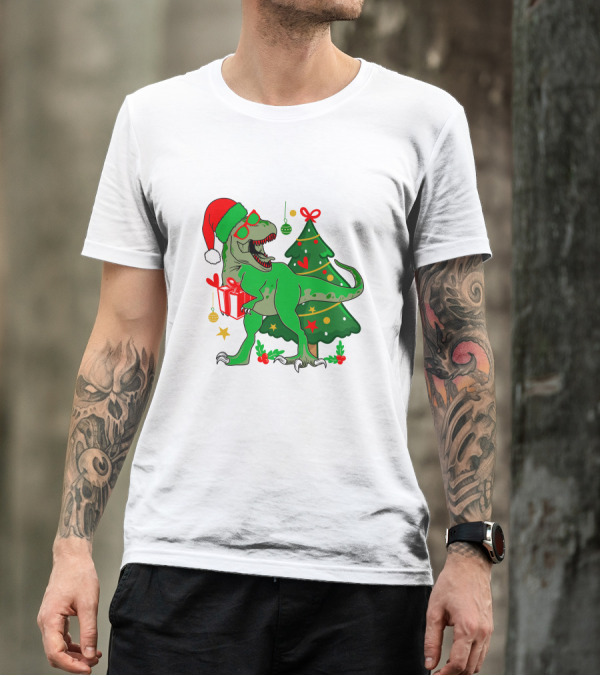 Christmas Dinosaur Santa With Tree And Gift T-Shirt
