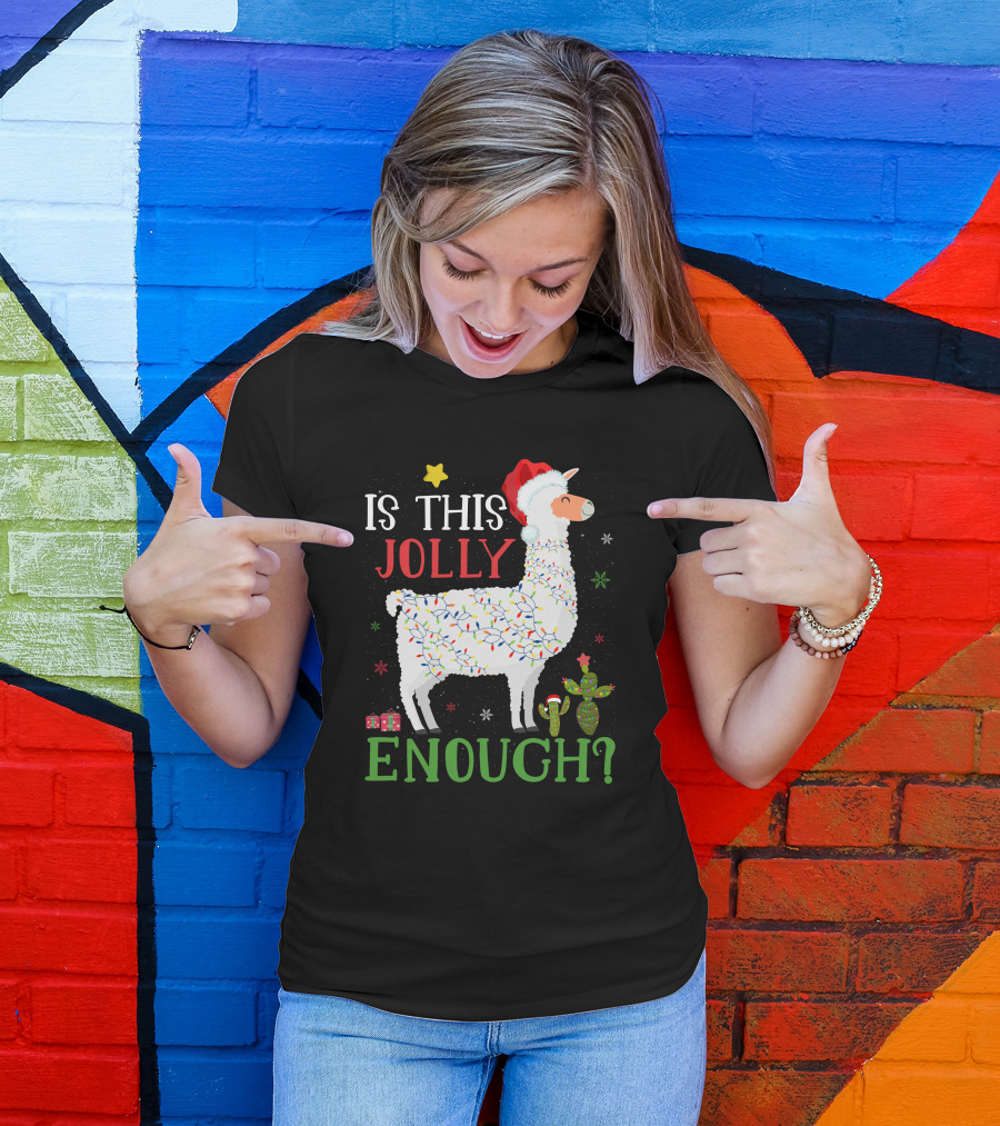 Is This Jolly Enough Christmas Lights Llama Santa Hat T-Shirt