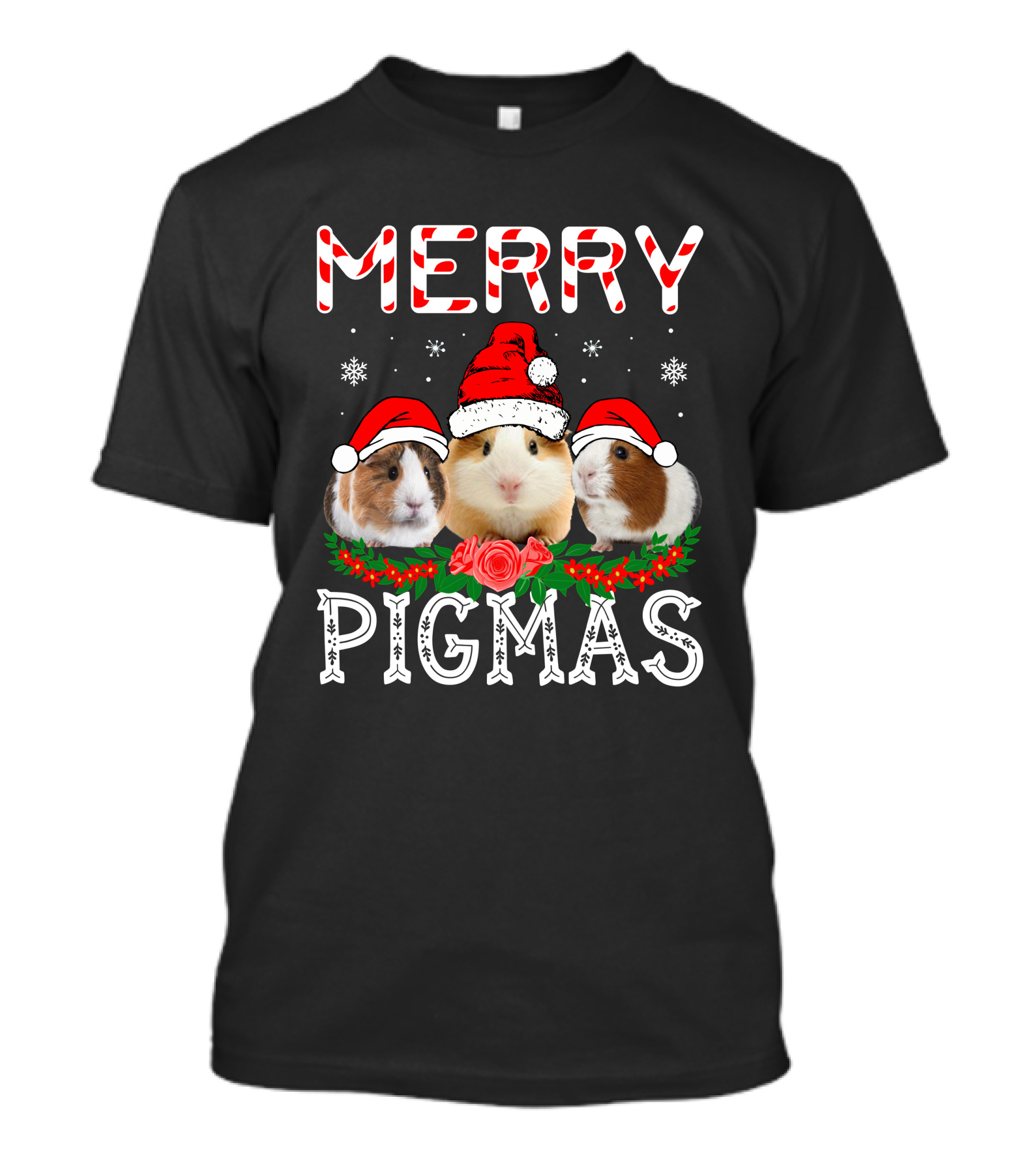 Merry Pigmas Christmas Guinea Pigs With Santa Hats And Snowflakes T-Shirt