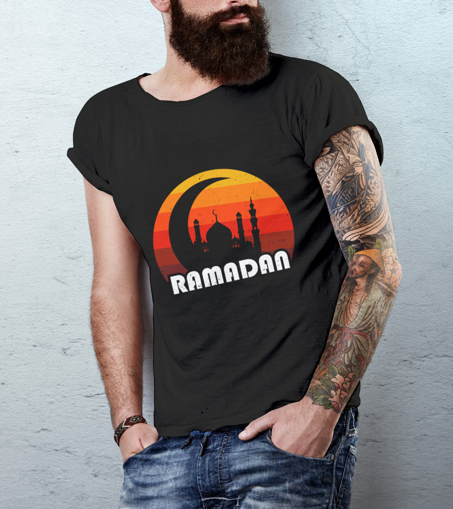 Ramadan Mosque Silhouette Crescent Moon Sunset Background T-Shirt