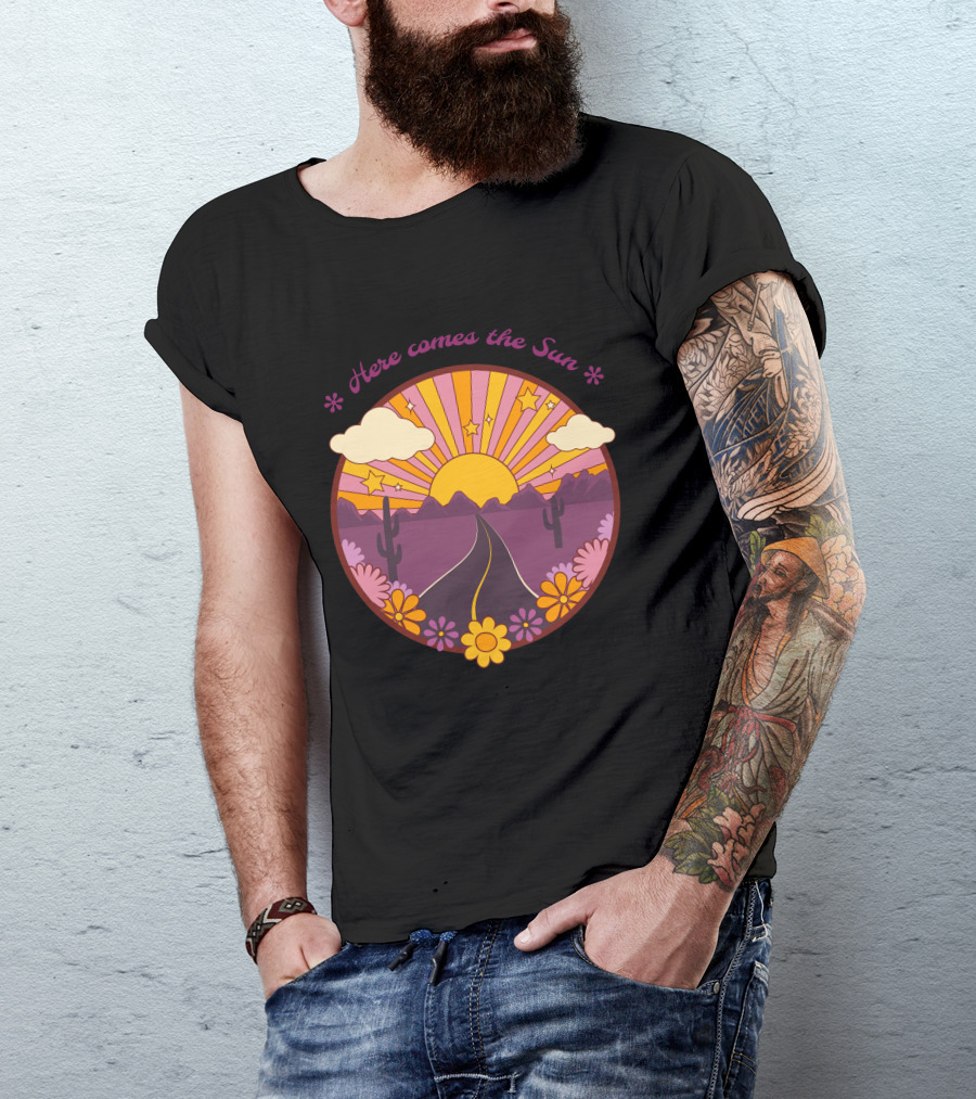 Here Comes The Sun Groovy Sunburst Desert Road With Flowers And Stars T-Shirt