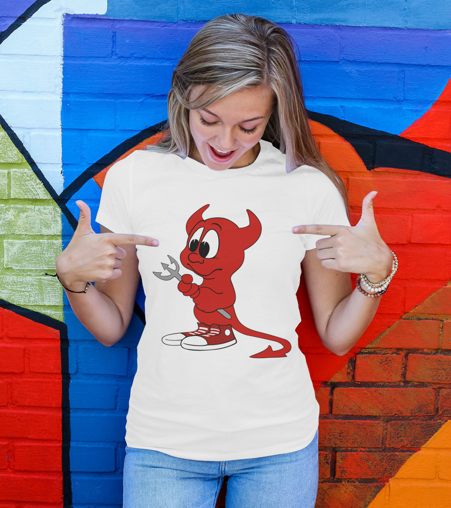 Devil In Sneakers Holding Pitch Fork Cartoon T-Shirt