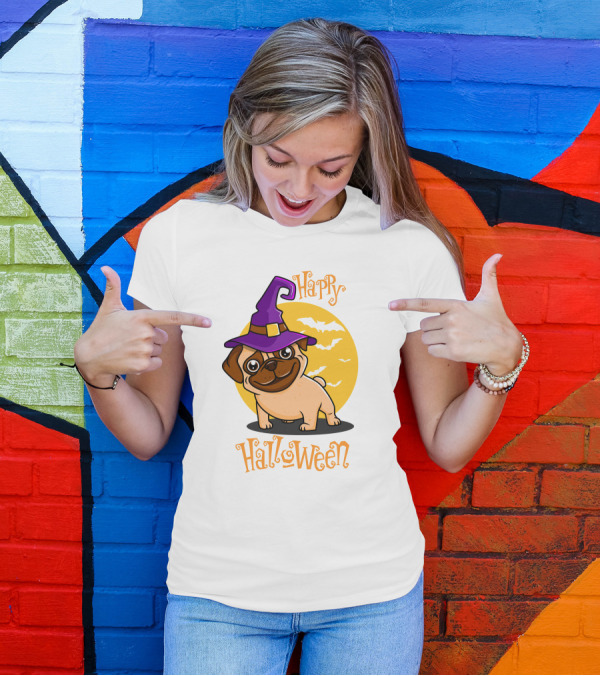 Happy Halloween Dog Witch Hat Full Moon Bats T-Shirt
