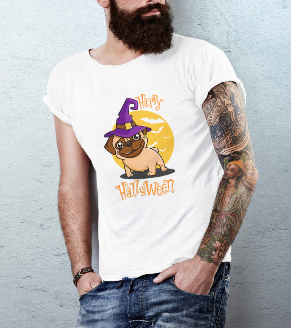 Happy Halloween Dog Witch Hat Full Moon Bats T-Shirt