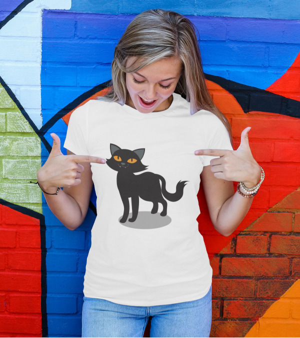 Cartoon Black Cat Illustration With Orange Eyes And Shadow T-Shirt