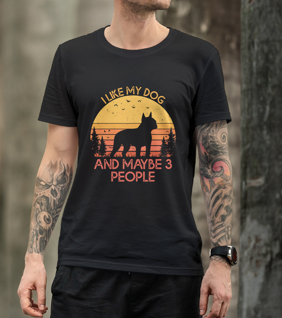 I Like My Dog And Maybe 3 People Sunset Silhouette With Trees And Birds T-Shirt