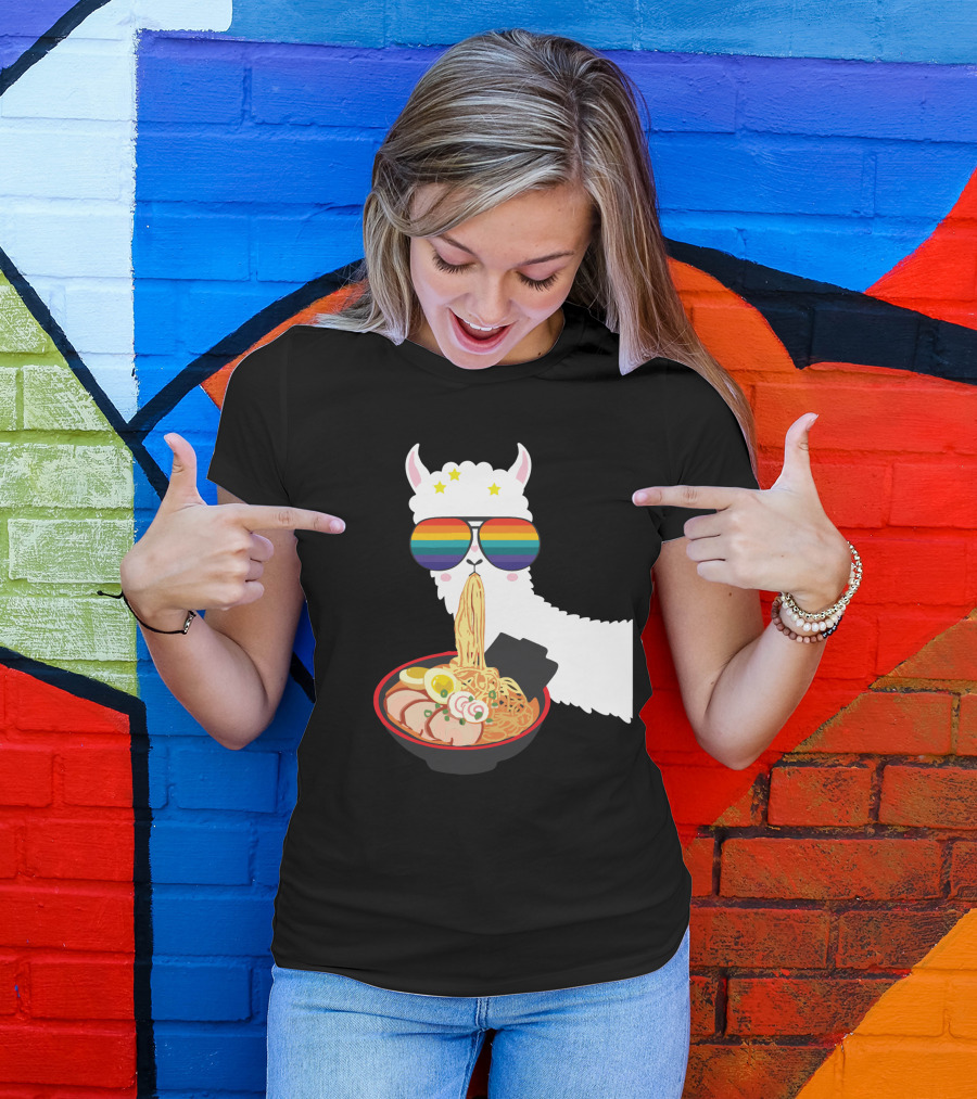 Rainbow Sunglasses LLama Eating Ramen Japanese Anime T-Shirt