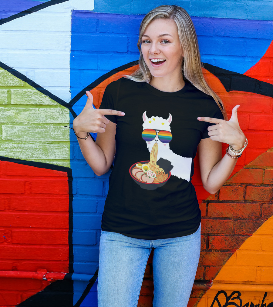 Rainbow Sunglasses LLama Eating Ramen Japanese Anime T-Shirt