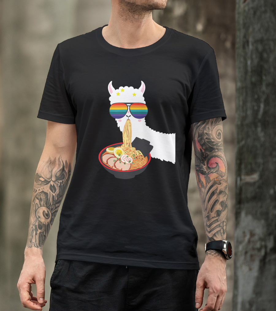Rainbow Sunglasses LLama Eating Ramen Japanese Anime T-Shirt