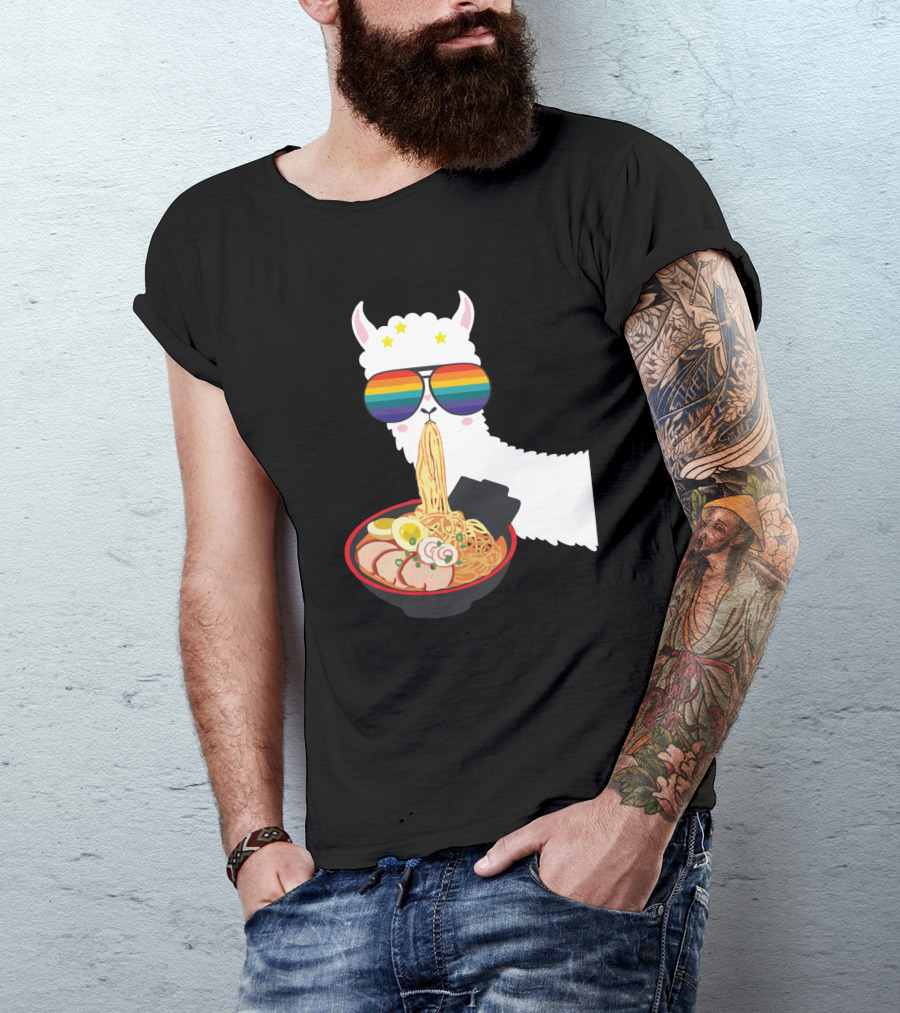 Rainbow Sunglasses LLama Eating Ramen Japanese Anime T-Shirt