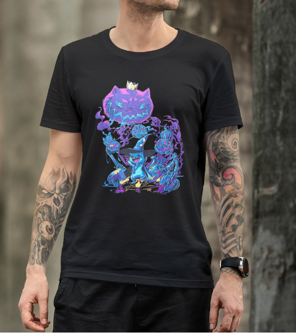 LIRIK HALLOWEEN Cat Wizard With Crown And Glowing Pumpkins T-Shirt