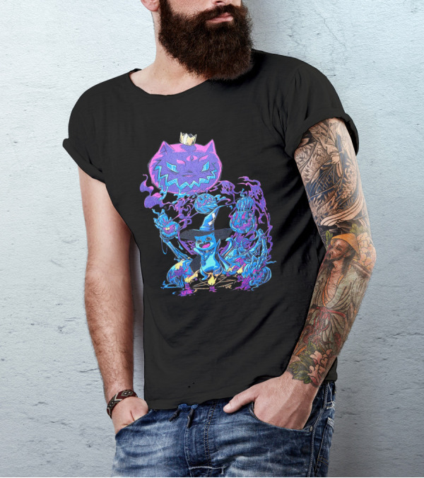 LIRIK HALLOWEEN Cat Wizard With Crown And Glowing Pumpkins T-Shirt