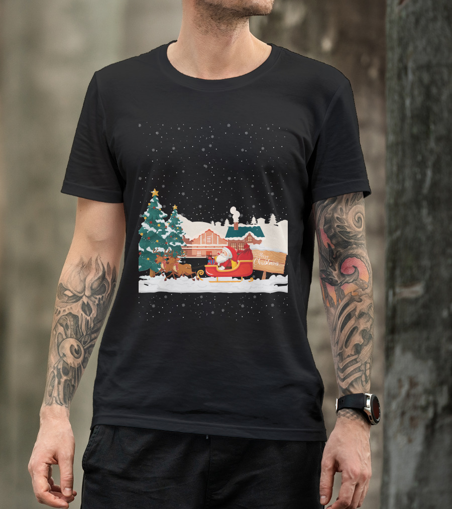 Merry Christmas Santa Claus Reindeer Sleigh Winter Scene T-Shirt