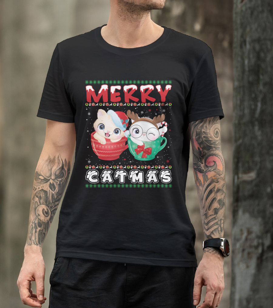 Merry Catmas With Festive Cats In Holiday Mugs T-Shirt