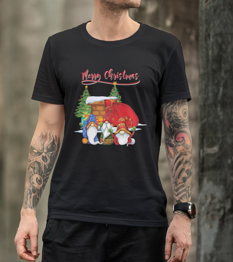 Merry Christmas Funny Gnomes With Santa's Sack And Festive Trees T-Shirt