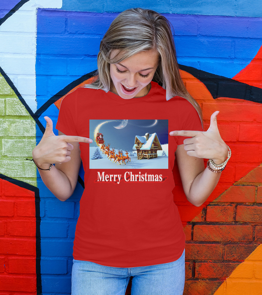 Merry Christmas Santa Sleigh Flying Over Snowy Cabin Scene T-Shirt