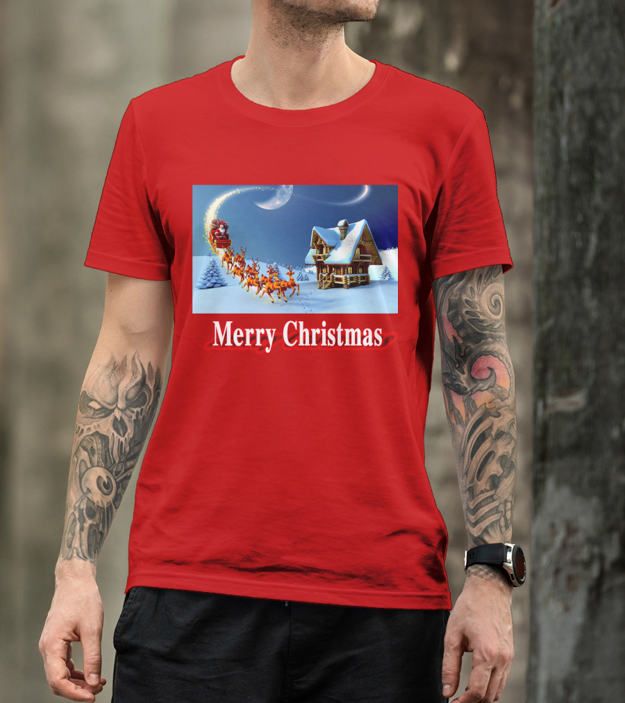 Merry Christmas Santa Sleigh Flying Over Snowy Cabin Scene T-Shirt