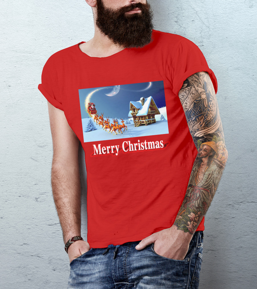 Merry Christmas Santa Sleigh Flying Over Snowy Cabin Scene T-Shirt