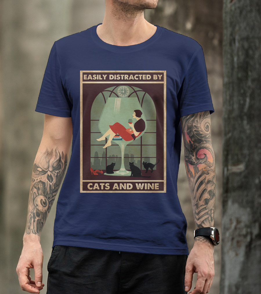 Easily Distracted By Cats And Wine Art Deco Woman In Glass With City Skyline And Cats T-Shirt