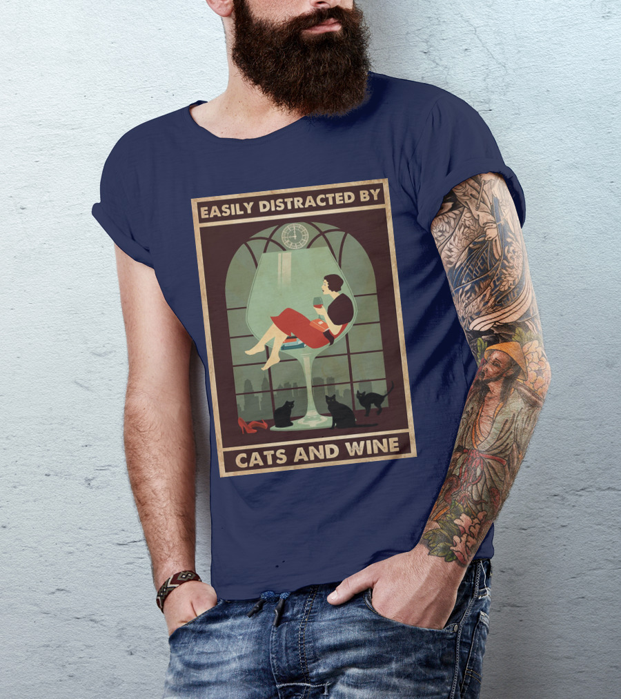 Easily Distracted By Cats And Wine Art Deco Woman In Glass With City Skyline And Cats T-Shirt