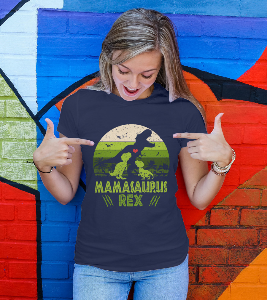 Kid Dinosaur Love For MamaSaurus Rex With Green Jungle Scene And Heart T-Shirt