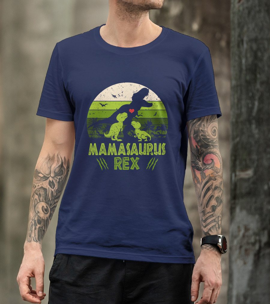 Kid Dinosaur Love For MamaSaurus Rex With Green Jungle Scene And Heart T-Shirt
