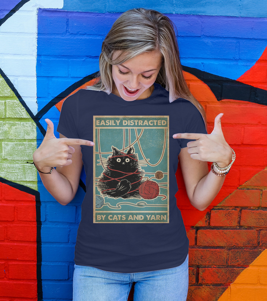 Easily Distracted Black Cat With Red Yarn And Balls Of Yarn T-Shirt