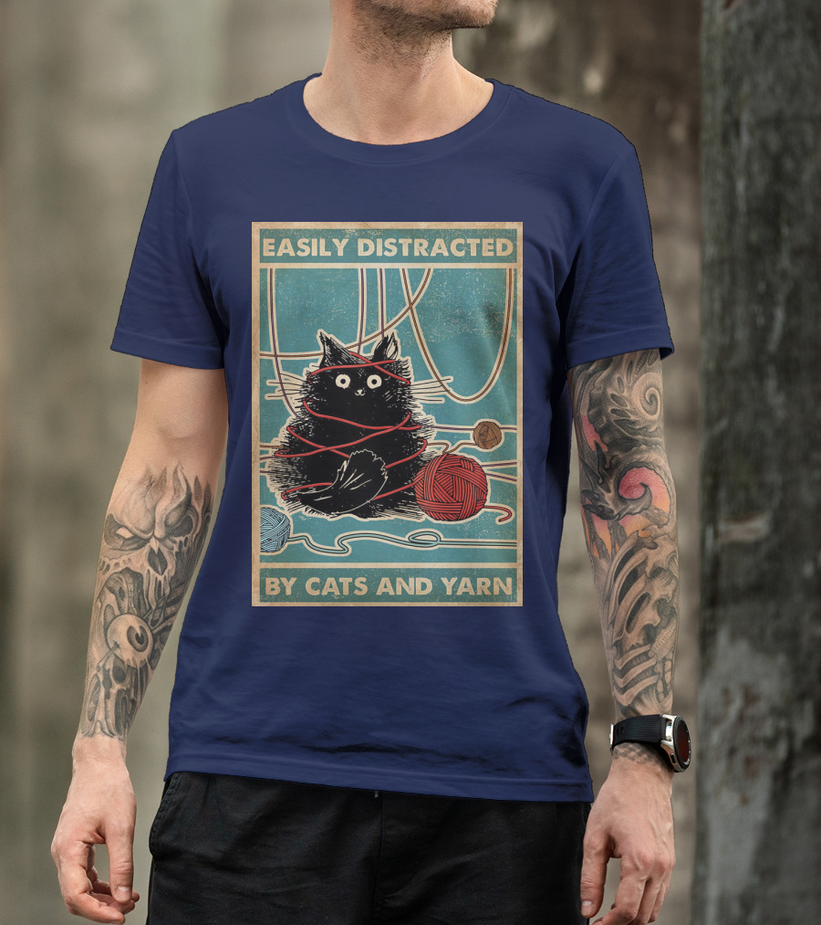 Easily Distracted Black Cat With Red Yarn And Balls Of Yarn T-Shirt
