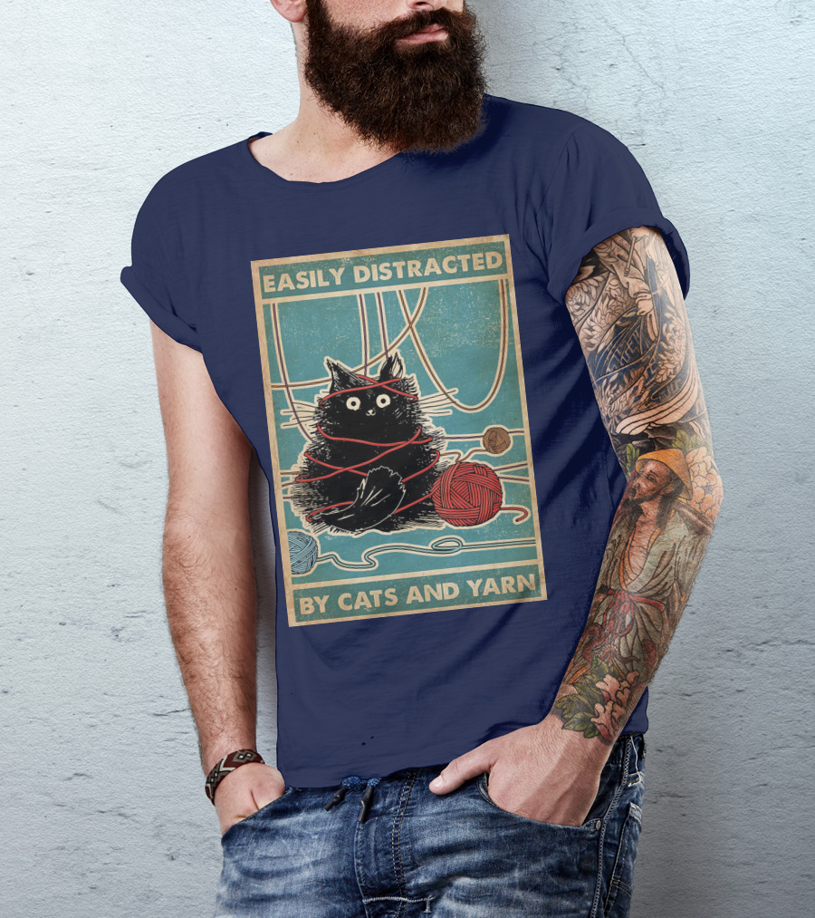 Easily Distracted Black Cat With Red Yarn And Balls Of Yarn T-Shirt