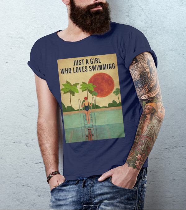 Just A Girl Who Loves Swimming With Palm Trees And Red Sun T-Shirt