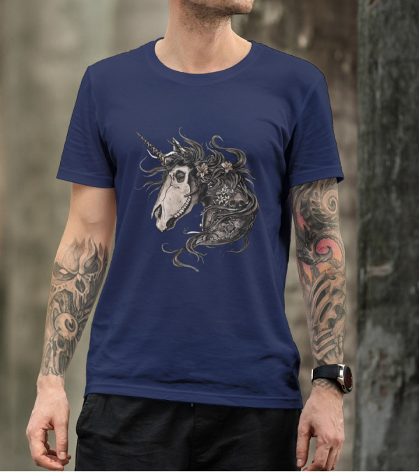 Floral Skull Unicorn Head With Flowers And Dark Mane T-Shirt