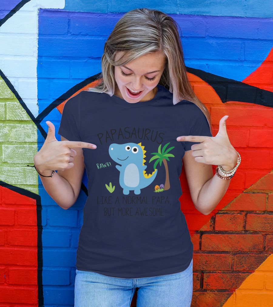 Papasaurus Rawr Like A Normal Papa But More Awesome Dinosaur With Palm Tree And Eggs T-Shirt