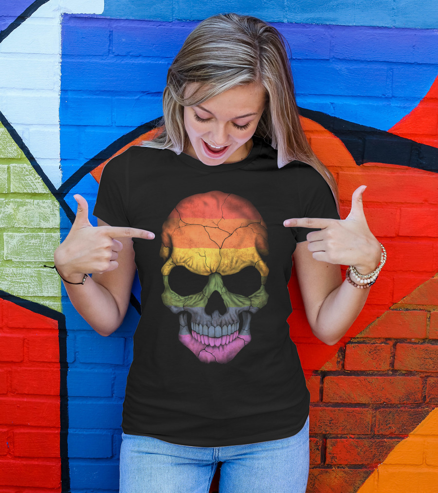 Gay Pride Rainbow Flag Skull Cracked Texture T-Shirt